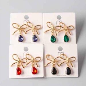 Elegant Gold Bow Earrings with Gemstone Drops